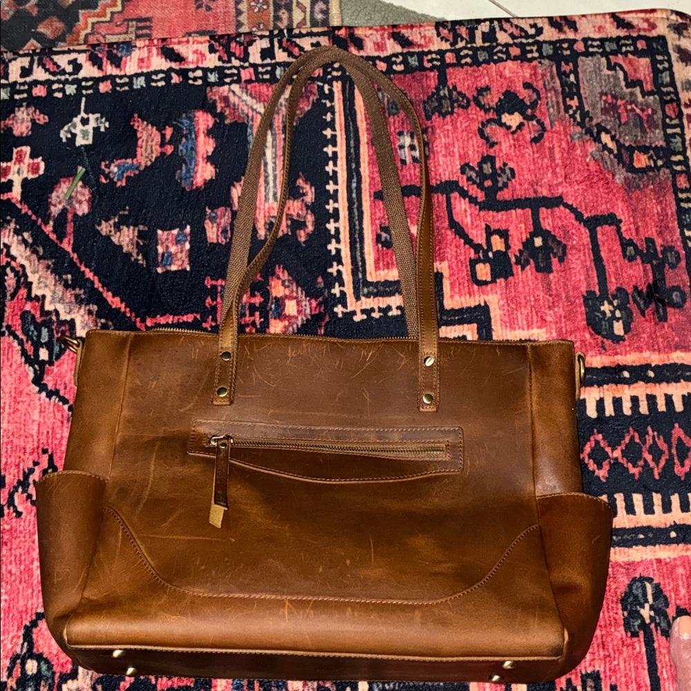 Structured Tan Leather Tote with Front Zip Pocket
